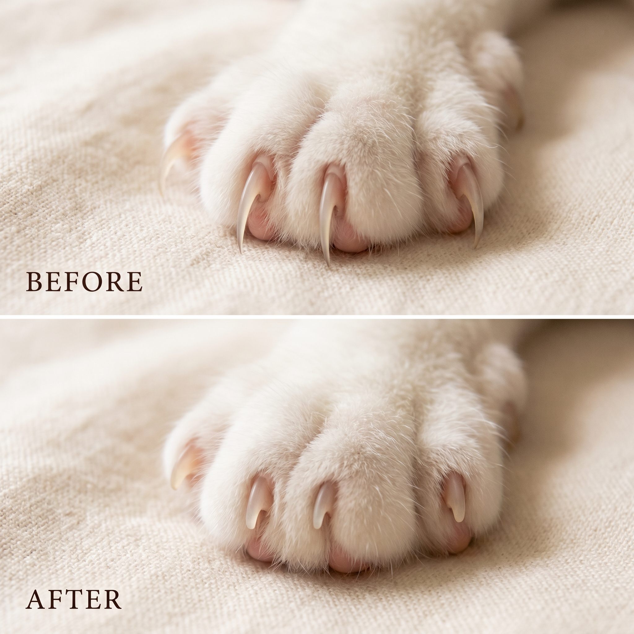 Before and after macro of cat claws showing sharp tips filed smooth